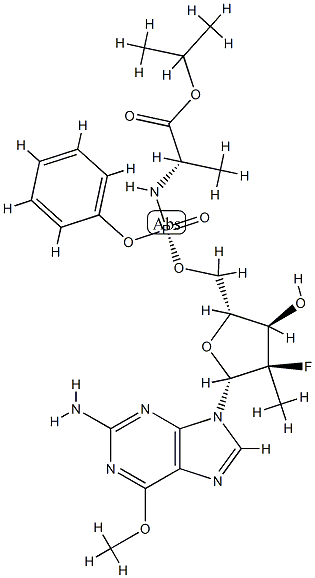 N-[[P(S),2'R]-2'-脱氧-2'-氟-2'-甲基-6-O-甲基-P-苯基-5'-鸟苷酰基]-L-丙氨酸异丙酯 结构式