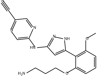 5-[[5-[2-(3-氨基丙氧基)-6-甲氧基苯基]-1H-吡唑-3-基]氨基]-2-吡嗪甲腈,1234015-52-1,结构式