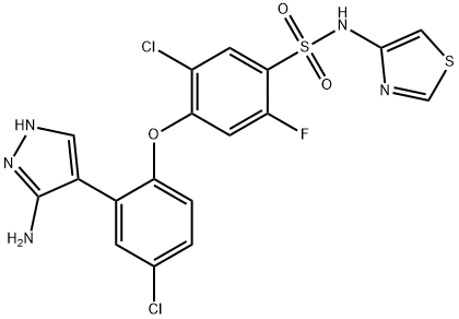 4-(2-(3-amino-1H-pyrazol-4-yl)-4-chlorophenoxy)-5-chloro-2-fluoro-N-(thiazol-4-yl)benzenesulfonamide
Molecular Weight: 500.35 Struktur