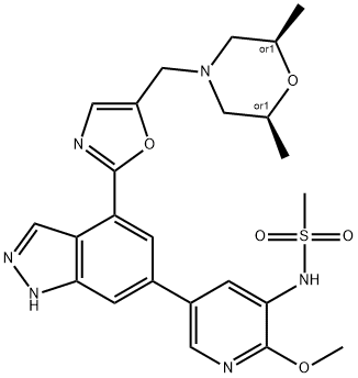 MethanesulfonaMide, N-[5-[4-[5-[[(2R,6S)-2,6-diMethyl-4-Morpholinyl]Methyl]-2-oxazolyl]-1H-indazol-6-yl]-2-Methoxy-3-pyridinyl]-, rel- Struktur