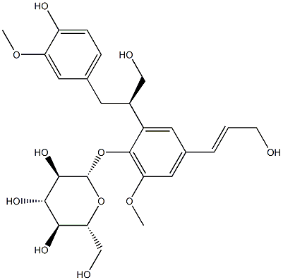 3-[4-β-D-グルコピラノシルオキシ-5-メトキシ-3-[2-(4-ヒドロキシ-3-メトキシフェニル)-1-(ヒドロキシメチル)エチル]フェニル]-2-プロペン-1-オール 化学構造式