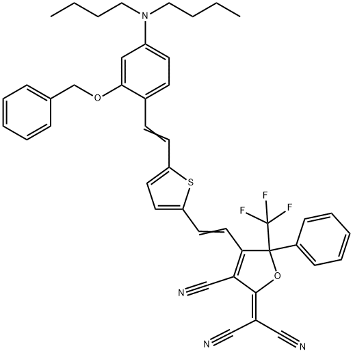 2-[3-シアノ-4-[2-[5-[2-[4-(ジブチルアミノ)-2-(フェニルメトキシ)フェニル]エテニル]-2-チエニル]エテニル]-5-フェニル-5-(トリフルオロメチル)-2(5H)-フラニリデン]プロパンジニトリル 化学構造式