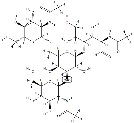 N-acetylglucosaminyl(beta1-3)-N-acetylglucosaminyl(1-6)-galactopyranosyl(1-4)-N-acetylglucosamine Struktur