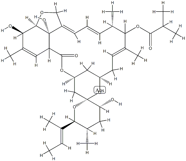 (6R,13R,22R,25S)-5-O-デメチル-28-デオキシ-13-[(2-メチルプロパノイル)オキシ]-22-ヒドロキシ-25-[(E)-1-メチル-1-プロペニル]-6,28-エポキシミルベマイシンB 化学構造式