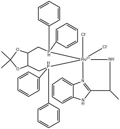 Dichloro[(4R,5R)-(-)-4,5-bis(diphenylphosphinomethyl)-2,2-dimethyl-1,3-dioxolane][(R)-(+)-2-(α-methylmethanamine)-1H-benzimidazole]ruthenium(II) Structure