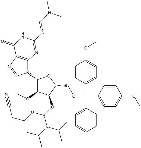 2'-O-Methyl-N2-dimethylformamide-5'-O-DMT-Guanosine-3'-CE-Phosphoramidite Struktur