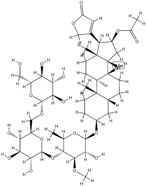 16β-(Acetyloxy)-3β-[[4-O-[6-O-(β-D-glucopyranosyl)-β-D-glucopyranosyl]-6-deoxy-3-O-methyl-β-D-glucopyranosyl]oxy]-14-hydroxy-5β-card-20(22)-enolide 结构式