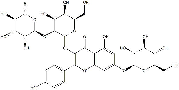 kaempferol 3-O-alpha-rhamnopyranosyl(1-2)-beta-galactopyranoside-7-O-beta-glucopyranoside Struktur