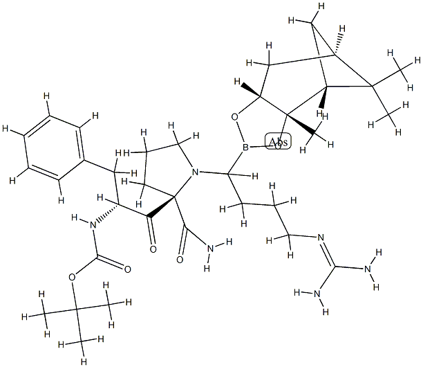 L-Prolinamide, N-((1,1-dimethylethoxy)carbonyl)-D-phenylalanyl-N-(4-(( aminoiminomethyl)amino)-1-(hexahydro-3a,5,5-trimethyl-4,6-mthano-1,3,2 -benzodioxaborol-2-yl)butyl)-, (3aR-(2(S*),3aalpha,4alpha,6alpha,7aalp ha))- Struktur