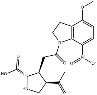 (2S,3S,4S)-Carboxy-4-(1-methylethenyl)-3-pyrrolidineaceticacid4-methoxy-7-nitro-1H-indolinylamide Structure