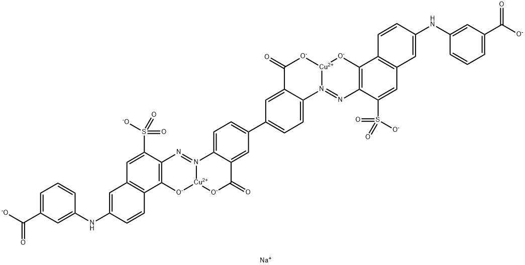 tetrasodium [mu-[4,4'-bis[[6-(3-carboxyanilino)-1-hydroxy-3-sulpho-2-naphthyl]azo][1,1'-biphenyl]-3,3'-dicarboxylato(8-)]]dicuprate(4-) Struktur