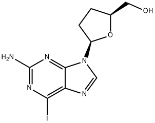 (2S)-5α-(2-アミノ-6-ヨード-9H-プリン-9-イル)テトラヒドロフラン-2α-メタノール 化学構造式