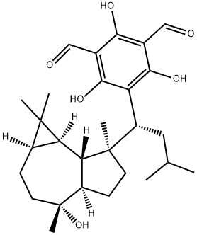 2,4,6-Trihydroxy-5-[(1R)-1-[(1aβ,4R,4aβ,7aα,7bβ)-1,1,4,7-tetramethyl-4β-hydroxydecahydro-1H-cyclopropa[e]azulene-7α-yl]-3-methylbutyl]isophthalaldehyde Struktur