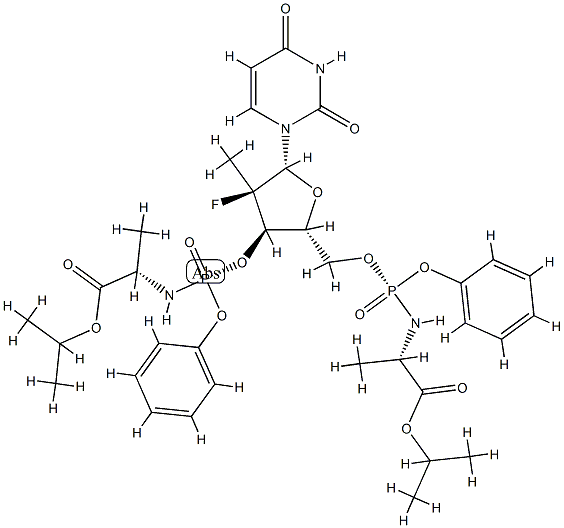 L-Alanine, N-[(S)-hydroxyphenoxyphosphinyl]-, 1-Methylethyl ester, (P→3'),(P'→5')-diester with (2'R)-2'-deoxy-2'-fluoro-2'-Methyluridine Structure