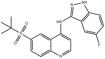6-(tert-ブチルスルホニル)-4-[(5-フルオロ-1H-インダゾール-3-イル)アミノ]キノリン 化学構造式
