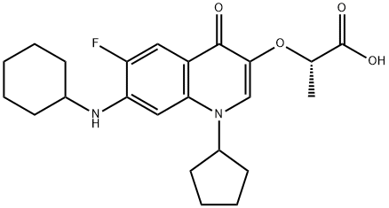 (2S)-2-[[6-フルオロ-7-(シクロヘキシルアミノ)-1-シクロペンチル-1,4-ジヒドロ-4-オキソキノリン-3-イル]オキシ]プロパン酸 化学構造式
