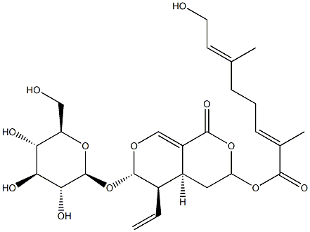 (2E,6E)-8-ヒドロキシ-2,6-ジメチル-2,6-オクタジエン酸[(3R)-5β-エテニル-6α-(β-D-グルコピラノシルオキシ)-4,4aα,5,6-テトラヒドロ-1-オキソ-1H,3H-ピラノ[3,4-c]ピラン]-3β-イル 化学構造式