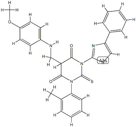 5-[[(4-methoxyphenyl)amino]methyl]-1-(2-methylphenyl)-3-(4-phenyl-1,3- thiazol-2-yl)-2-sulfanylidene-1,3-diazinane-4,6-dione Struktur