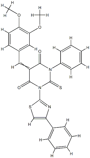 (5E)-5-[(3,4-dimethoxyphenyl)methylidene]-1-phenyl-3-(4-phenyl-1,3-thi azol-2-yl)-2-sulfanylidene-1,3-diazinane-4,6-dione Structure