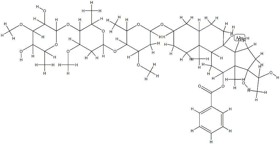 12-O-Benzoyl-dihydrosarcostin-3-O-3-O-methyl-6-deoxy-beta-D-allopyrano syl(1-4)-O-beta-D-oleandropyranosyl(1-4)-O-beta-D-cymaropyranoside Struktur