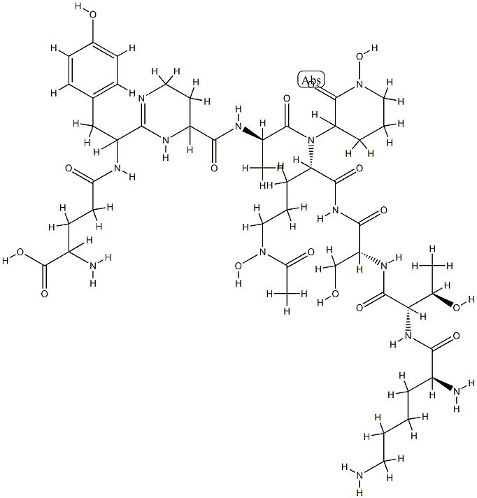 4-[[1-[4-[[(1R)-1-[[(1S)-4-(acetyl-hydroxy-amino)-1-[[(2R)-2-[[(2S,3R) -2-[[(2S)-2,6-diaminohexanoyl]amino]-3-hydroxy-butanoyl]amino]-3-hydro xy-propanoyl]carbamoyl]butyl]-(1-hydroxy-2-oxo-3-piperidyl)carbamoyl]e thyl]carbamoyl]-3,4,5,6-tetrahydropyrimidin-2-yl]-2-(4-hydroxyphenyl)e thyl]carbamoyl]-2-amino-butanoic acid|化合物 T31386