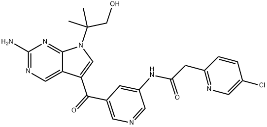 N-[5-[2-AMINO-7-(1-HYDROXY-2-METHYLPROPAN-2-YL)PYRROLO[2,3-D]PYRIMIDINE-5-CARBONYL]PYRIDIN-3-YL]-2-(5-CHLOROPYRIDIN-2-YL)ACETAMIDE, 1402438-74-7, 结构式