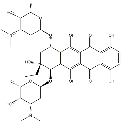 (7R)-8-エチル-7,8,9,10-テトラヒドロ-1,4,6,8α,11-ペンタヒドロキシ-7β,10α-ビス[[2,3,6-トリデオキシ-3-(ジメチルアミノ)-α-L-lyxo-ヘキソピラノシル]オキシ]-5,12-ナフタセンジオン 化学構造式