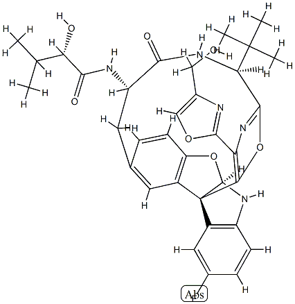 (S)-N-((15aR,110bS,3S,6S)-3-(tert-butyl)-19-fluoro-24-(4-(hydroxymethyl)oxazol-2-yl)-5-oxo-15a,110b-dihydro-16H-4-aza-1(10b,2)-benzofuro[2,3-b]indola-2(5,2)-oxazolacycloheptaphane-6-yl)-2-hydroxy-3-methylbutanamide Struktur