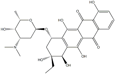 (7R)-8-エチル-7,8,9,10-テトラヒドロ-1,6,7,8α,11-ペンタヒドロキシ-10α-[(3-ジメチルアミノ-2,3,6-トリデオキシ-α-L-lyxo-ヘキソピラノシル)オキシ]-5,12-ナフタセンジオン 化学構造式