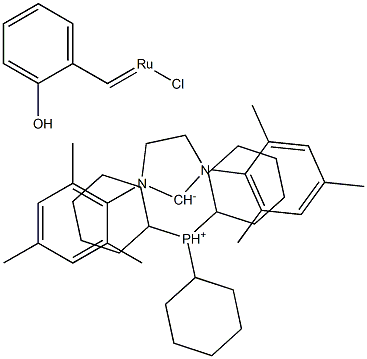 [1,3-BIS(2,4,6-TRIMETHYLPHENYLIMIDAZOLIDIN-2-YLIDENE)](TRICYCLOHEXYLPHOSPHINE)-(2-OXOBENZYLIDENE)RUTHENIUM(II)CHLORIDELATMET 结构式