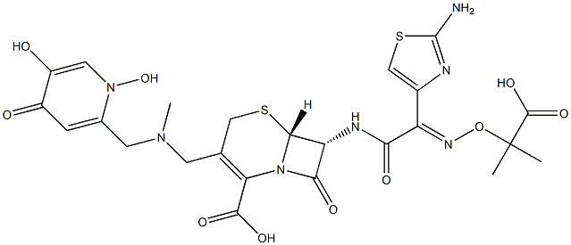 7β-[[(2Z)-2-(2-アミノ-4-チアゾリル)-2-[(1-メチル-1-カルボキシエトキシ)イミノ]アセチル]アミノ]-3-[[メチル[[(1,4-ジヒドロ-1,5-ジヒドロキシ-4-オキソピリジン)-2-イル]メチル]アミノ]メチル]セファム-3-エン-4-カルボン酸 化学構造式
