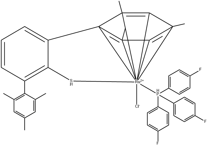 クロロ[(1,2,3,4,5,6-η)-2,2'',4,4'',6,6''-ヘキサメチル[1,1':3',1''-テルフェニル]-2'-チオラト-κS][トリス(4-フルオロフェニル)ホスフィン-κP]ルテニウム(II) 化学構造式