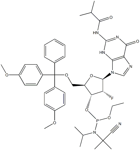 144089-97-4 5'-O-[二(4-甲氧基苯基)苯基甲基]-2'-脱氧-2'-氟-N-(2-甲基-1-氧代丙基)鸟苷 3'-[2-氰基乙基 N,N-二异丙基氨基亚磷酸酯]