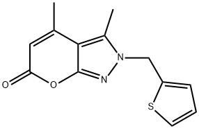 2-(2-チエニルメチル)-3,4-ジメチルピラノ[2,3-c]ピラゾール-6(2H)-オン 化学構造式