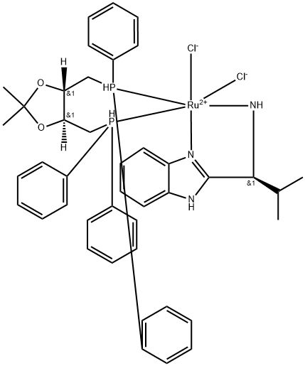 Dichloro[(4S,5S)-(+)-4,5-bis(diphenylphosphinomethyl)-2,2-dimethyl-1,3-dioxolane][(S)-(-)-2-(i-propyl)methanamine)-1H-benzimidazole]ruthenium(II) Structure