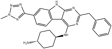N-(2-ベンジル-7-(2-メチル-2H-テトラゾール-5-イル)-9H-ピリミド[4,5-b]インドール-4-イル)シクロヘキサン-1,4-ジアミン 化学構造式