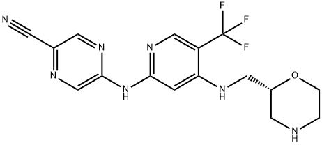 5-[4-[[(R)-2β-モルホリニル]メチルアミノ]-5-(トリフルオロメチル)-2-ピリジニルアミノ]ピラジン-2-カルボニトリル 化学構造式