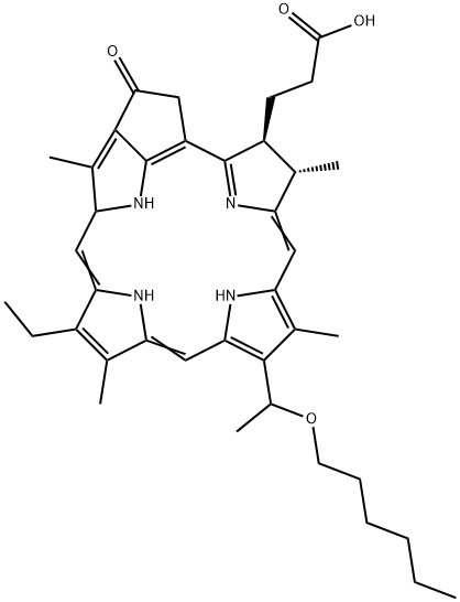 14-Ethyl-9-(1-(hexyloxy)ethyl)-4,8,13,18-tetramethyl-20-oxo-3-phorbine propanoic acid Struktur