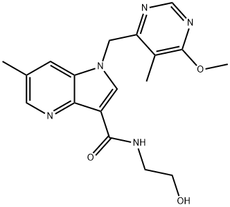 N-(2-羟基乙基)-1-[(6-甲氧基-5-甲基嘧啶-4-基)甲基]-6-甲基-1H-吡咯并[3,2-B]吡啶-3-甲酰胺 结构式