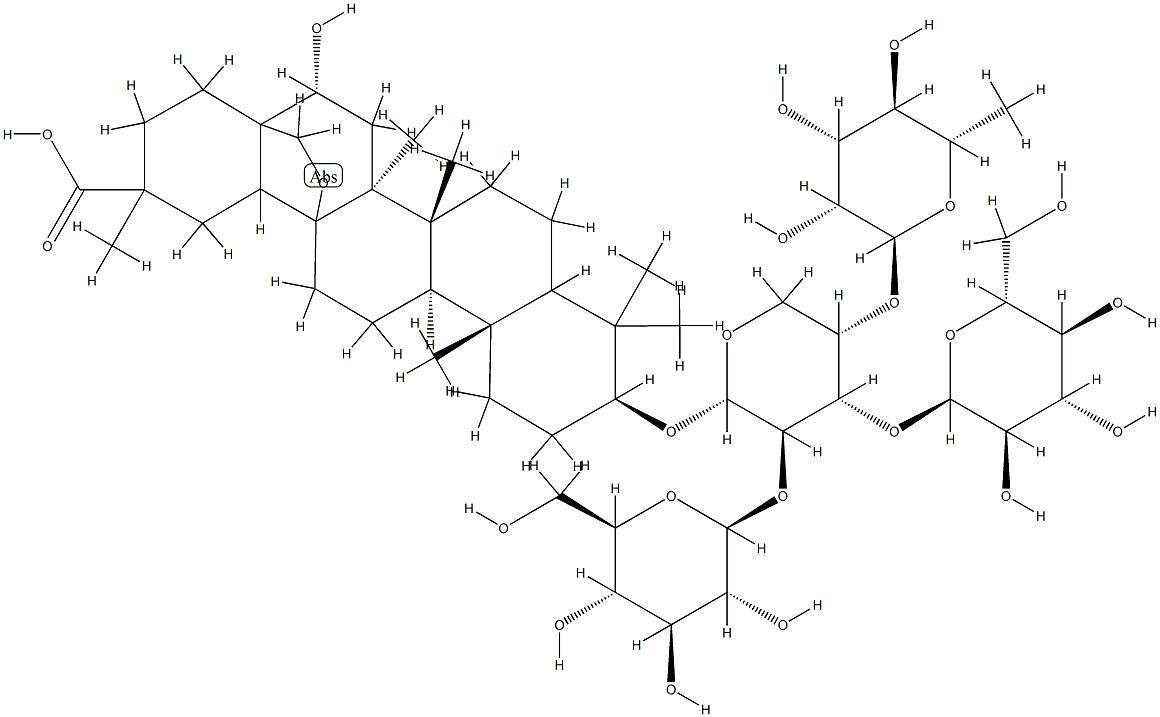3-O-(rhamnopyranosyl-1-4-glucopyranosyl-1-2-(glucopyranosyl-1-4)-arabinopyranoside)-16-hydroxy-13,28-epoxyolean-29-oic acid Structure