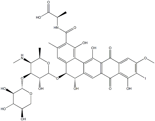 D-Alanine, N-[[5-[[4,6-dideoxy-4-(methylamino)-3-O-.beta.-D-xylopyrano syl-.beta.-D-galactopyranosyl]oxy]-5,6,8,13-tetrahydro-1,6,9,14-tetrah ydroxy-10-iodo-11-methoxy-3-methyl-8,13-dioxobenzo[a]naphthacen-2-yl]c arbonyl]-, (5S-trans)- (9CI) Struktur