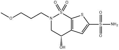 (S)-3,4-Dihydro-4-hydroxy-2-(3-methoxypropyl)-2H-thieno[3,2-e]-1,2-thiazine-6-sulfonamide 1,1-dioxide 化学構造式