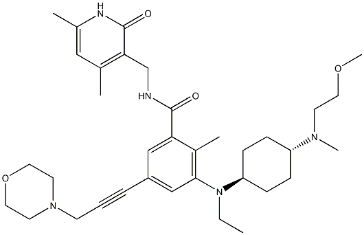 N-(1,2-ジヒドロ-4,6-ジメチル-2-オキソピリジン-3-イルメチル)-2-メチル-3-[エチル[4β-[メチル(2-メトキシエチル)アミノ]シクロヘキサン-1α-イル]アミノ]-5-[3-モルホリノ-1-プロピニル]ベンズアミド 化学構造式