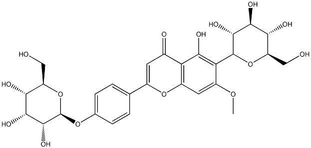 2-[4-(β-D-グルコピラノシルオキシ)フェニル]-5-ヒドロキシ-6-(β-D-グルコピラノシル)-7-メトキシ-4H-1-ベンゾピラン-4-オン 化学構造式