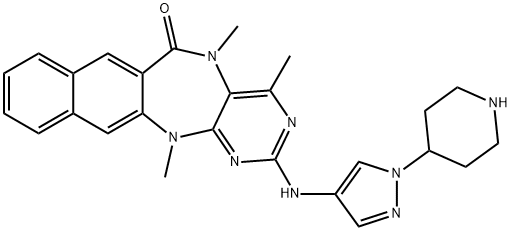 3-[[1-(4-ピペリジニル)-1H-ピラゾール-4-イル]アミノ]-2,5,13-トリメチル-2,4,5,13-テトラアザ-1H-ベンゾ[4,5]シクロヘプタ[1,2-b]ナフタレン-12(13H)-オン 化学構造式