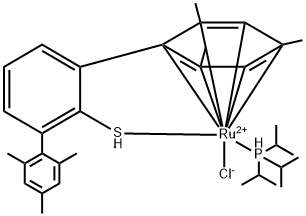 Chloro[(1,2,3,4,5,6-eta)-2,2'',4,4'',6,6''-hexamethyl[1,1':3',1''-terphenyl]-2'-thiolato-kappaS][triisopropylphosphine-kappaP]ruthenium(II) Struktur