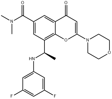 N,N-ジメチル-2-モルホリノ-4-オキソ-8-[(R)-1-(3,5-ジフルオロアニリノ)エチル]-4H-1-ベンゾピラン-6-カルボアミド 化学構造式