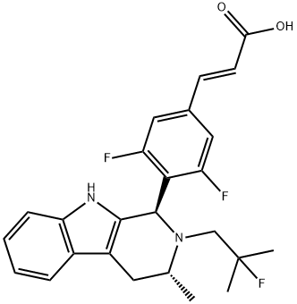 (E)-3-[3,5-二氟-4-[(1R,3R)-2-(2-氟-2-甲基丙基)-3-甲基-2,3,4,9-四氢-1H-吡啶并[3,4-B]吲哚-1-基]苯基]丙烯酸,1639042-08-2,结构式