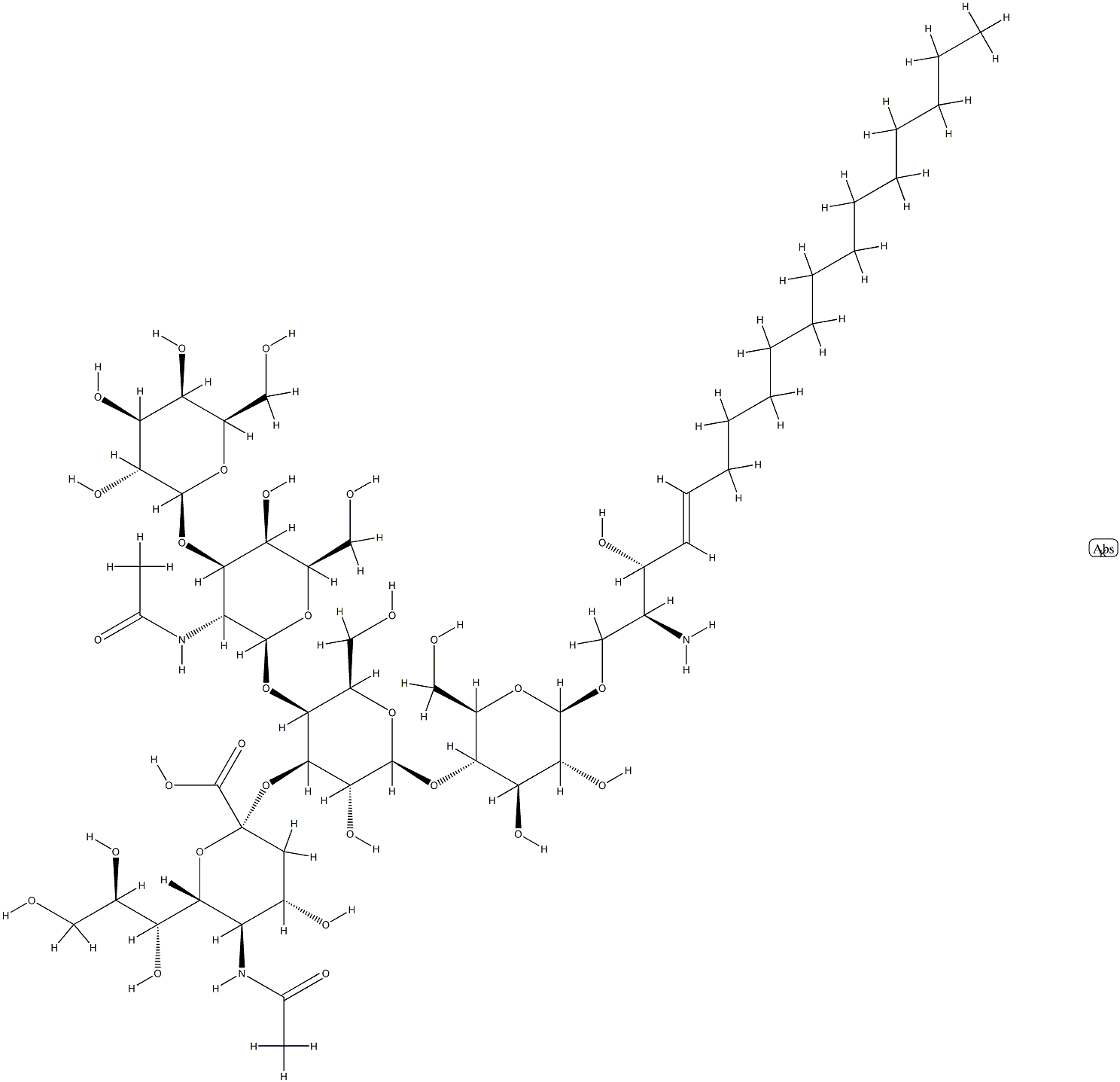 (2S,3R,4E)-2-氨基-3-羟基-4-十八碳烯基 O-(N-乙酰基-ALPHA-神经胺酸基)-(2-3)-O-[O-BETA-D-吡喃半乳糖基-(1-3)-2-(乙酰氨基)-2-脱氧-BETA-D-吡喃半乳糖基-(1-4)]-O-BETA-D-吡喃半乳糖基-(1-4)-BETA-D-吡喃葡萄糖苷单钾盐, 171483-40-2, 结构式