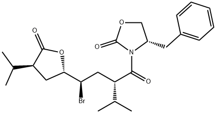 (S)-3-((2S,4R)-4-溴-4-((2S,4S)-四氢- 4-异丙基-5-羰基呋喃-2-基)-2-异丙基丁酮基) -4-苄基恶唑烷酮-2-酮,173154-00-2,结构式
